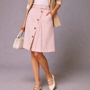 NWT Anthropologie Belted Button-Front Slit Skirt  Linen Blend Midi Pink Rose~0💛
